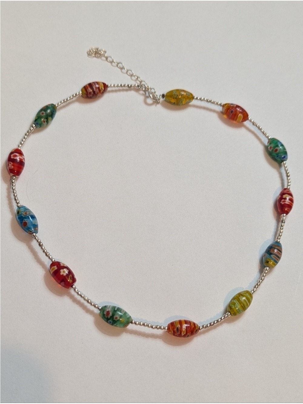Venetian Style Glass Bead Necklace Multicolor Millefiori Sterling Silver - Picture 2 of 7